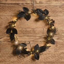Couronne Pré-éclairée Feuillage Noir D’Halloween