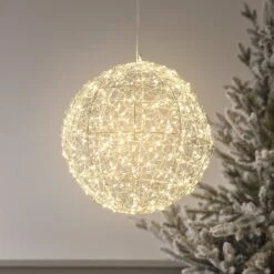 Boule Lumineuse Argentée à Suspendre De 28 Cm,à 400 LED Blanc Chaud